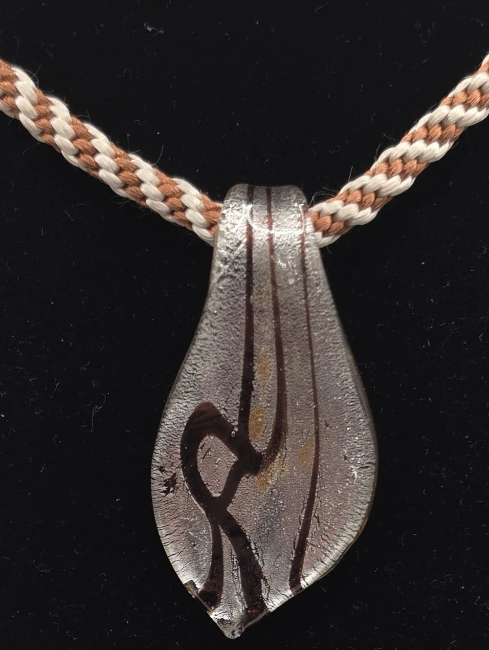 Glass Pendant Necklace Choker Style Braided Cord Chocolate & Glittery Silver